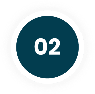 Circular badge with number 02 in white on dark teal background.