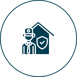 Icon of a house with a clock in a circular frame.