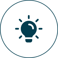 A dark blue circular icon with a light bulb and rays indicating brightness or ideas.